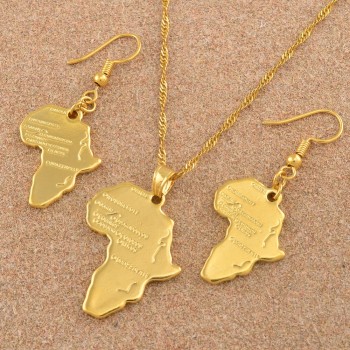 Anniyo Africa Map Jewelry set Pendant Necklaces Earrings Gold Color Map of African Ethiopian Nigeria Sudan Congo sets
